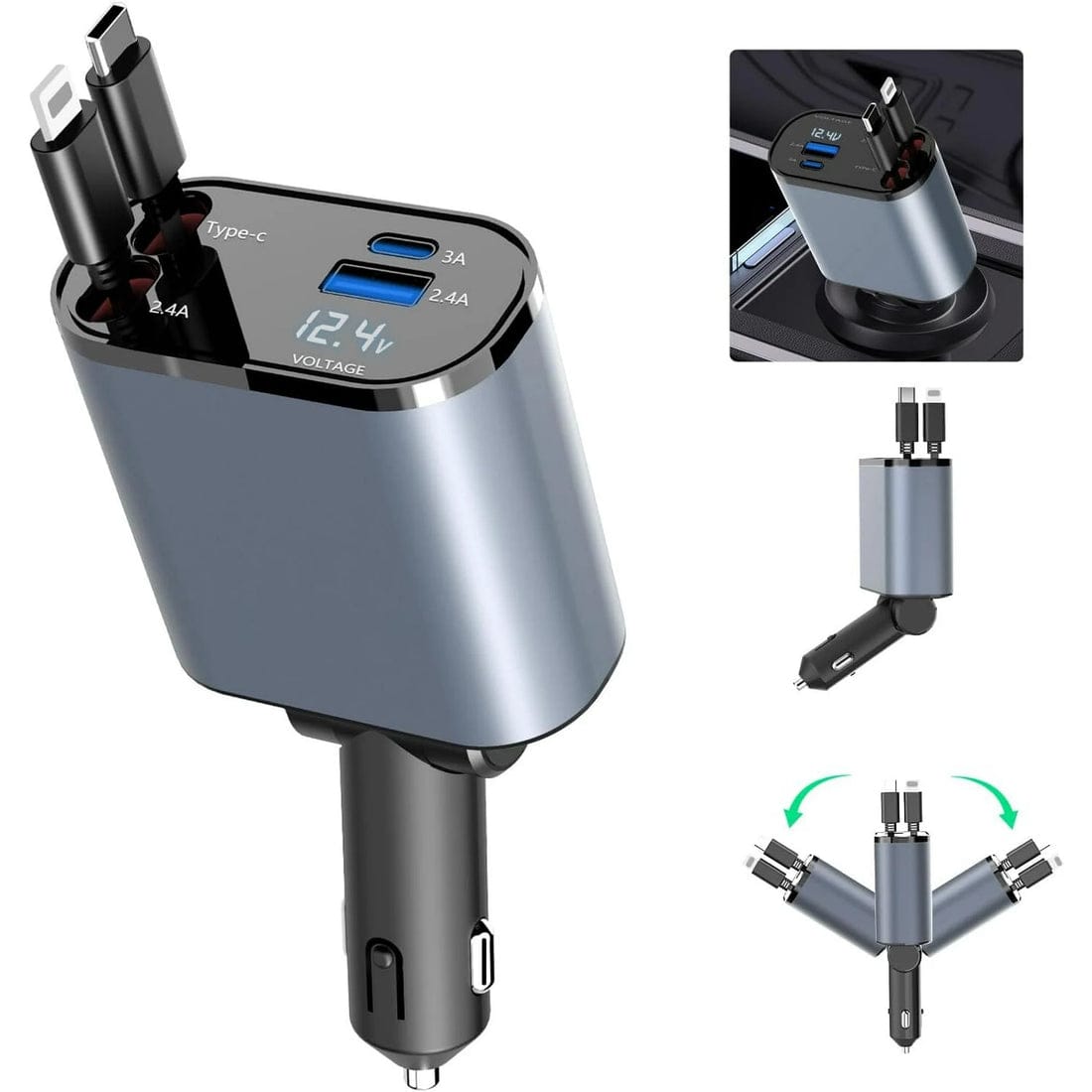 4 In 1 Super Fast Car Phone Charger Apple C Type With Battery Voltage Display